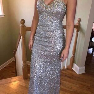 La Femme Silver Sequin V-Neck Prom Gown